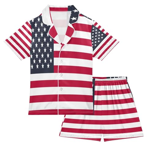ALAZA Hipster American Flag Satin Pajamas Set Short Sleeve Button Down Sleepwear Summer Pjs 2 Piece