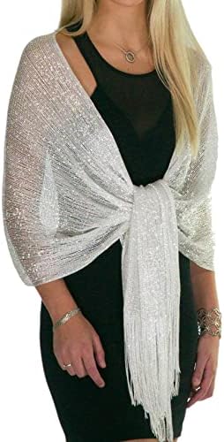 Shawls and Wraps for Evening Dresses, Metallic Sparkle Womens Wedding White Shawl