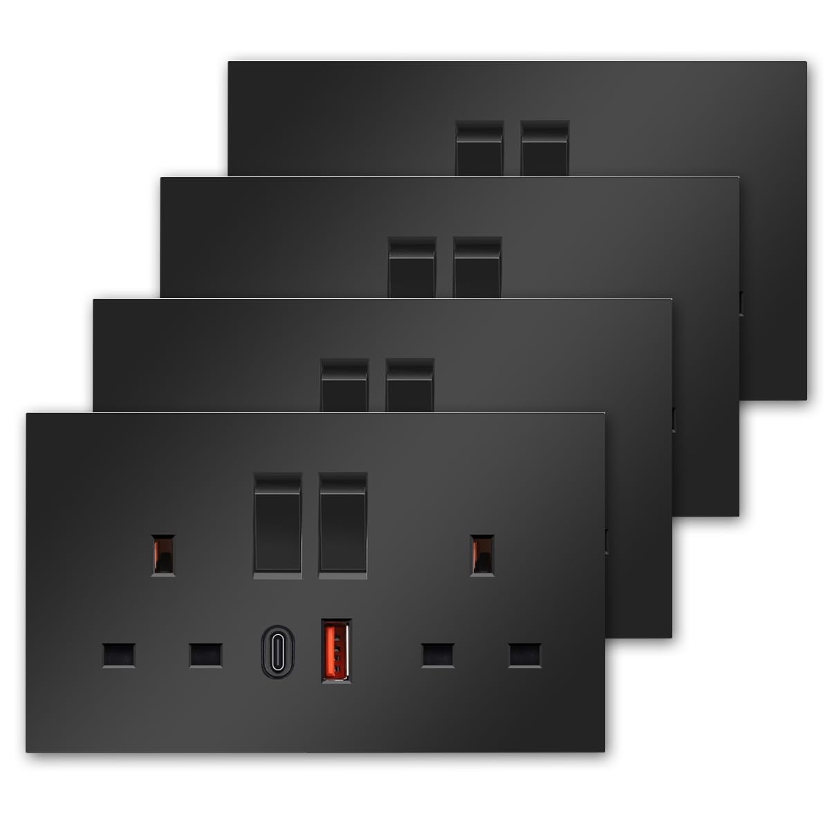 4 Pack CNBINGO Double Switched Socket with USB Fast Charging - 20W Electric Power Socket with USB-A and Type-C, Black PC Panel Wall Outlet