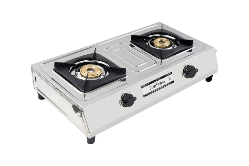 Image of Everflame Super 2 Burner Gas Stove | Stainless Steel Cooktop | ISI Approved |Brass Burner (Gas-Saver) | Heavy & Durable | 2 Years Product Warranty