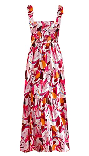 Image of kinstell Women's Summer Boho Spaghetti Strap Square Neck Ruffle Casual Flowy Long Dress Beach Swing Party Maxi Dress