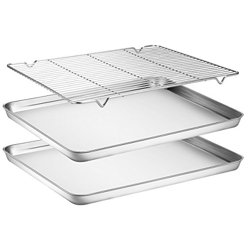 Baking Sheets 2 Pieces with A Rack, HKJ Chef Cookie Sheets and Nonstick Cooling Rack & Stainless Steel Baking Pans & Toaster Oven Tray Pan, Rectangle Size 16 x 12 x 1 inch & Non Toxic