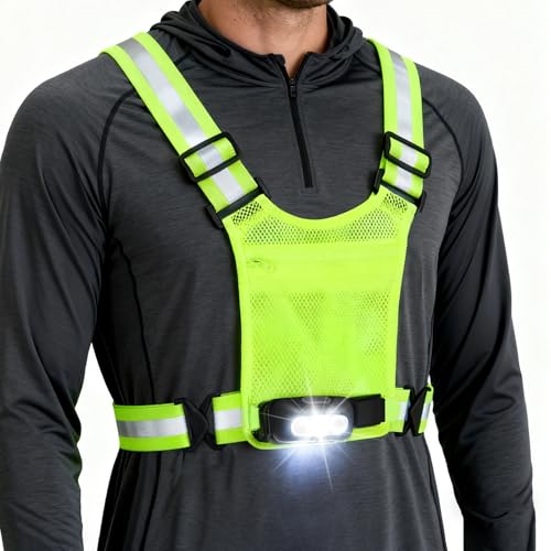 Running Lights for Runners, Reflective Vest with 3-Mode Motion Sensor Lights 45° Adjustable Tilt, 360° Reflective Running Vest with Storage Pocket for Night Walking/Cycling/Jogging/Hiking (Green)
