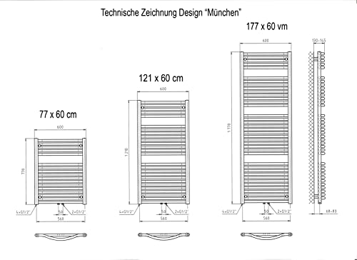 Badheizkörper Design München 2 Edelstahloptik Marke: Szagato HxB: 177 x 60 cm 1471 Watt/ Badheizkörper gerade Handtuchwärmer Handtuchtrockner Mittelanschluss Röhrenheizkörper Rohrheizkörper vertikal-5