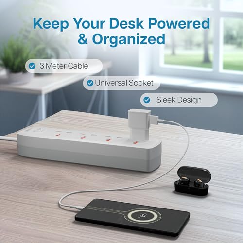 Image of Geonix PowerSpan S4 Pro | Extension Board with 4 Universal Sockets with on Off Button, 3mtr Long Copper Cable, 2500 Watts, 10 Amp Multi Plug for Office & Home Appliances (White)