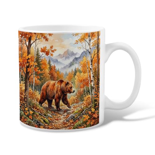 Image of Bear Ceramic Coffee Mug, Nature Rustic Trees Mountains Fall Orange Novelty Office Drinking Cup with Handle Ideal for Friends Family Coworkers Teachers Couples Employees 11 Oz