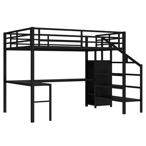 Image of Bellemave Queen loft Bed with Storage Stairs, Wardrobe, Shelves, Metal Queen Size Loft Bed Frame for Adults, Kids, Teens, Black with Black Woodgrain