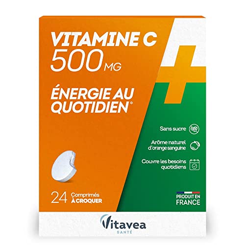 Vitavea - Vitamine C 500 mg - booster sans sucre arome naturel orange sanguine - fabriqué en France - 24 comprimés à croquer