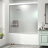 Double Sliding Frosted Tub Door,55-60" Wx60 H,1/4" Brushed Nickel | Semi-Frameless Sliding,5"Adjust Width,Nano Safety Film 6mm Frosted Glass,Anti-Collision,Anti-Jump,Easy Clean,L/R Install