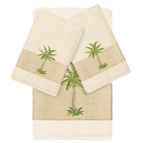 KHALPERA Utopia 3-Piece Towel Set: Regal Palm Tree Motif, 100% Turkish Cotton, Luxurious & Durable, 1 Bath 2 Hand Towels, Cream -  EMH05-1BT2HT-COLTON