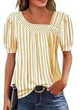 Rapbin Blusa de manga corta abombada con botones, elegante cuello asimétrico, túnica para mujer para leggings, Rayas amarillas y blancas, S