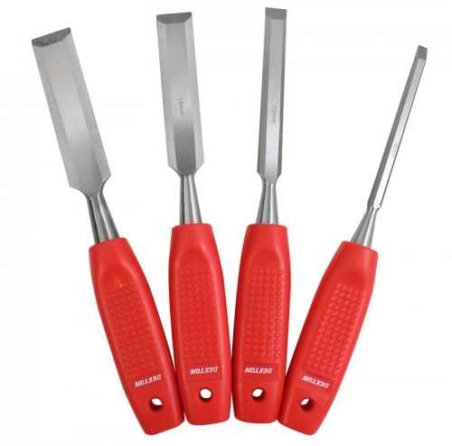 Marksman 4PC Bevel Edge Wood Chisel Set, Non-Slip Rubber Handles, 6mm, 13mm, 19mm, 25mm, 1/4, 1/2, 3/4, 1 High Carbon Steel Blades, Carpenter Carving Tool