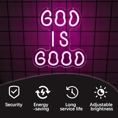 Image of God is Good Neon Sign,Christian Wall Decor | with USB Power, Soft Pink-Violet Glow for Bedrooms, Churches, or Gifts,11x10.2IN