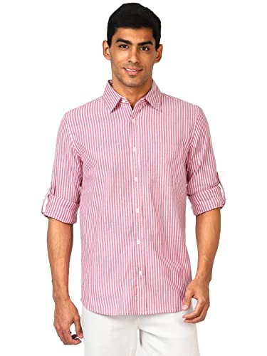 Image of UrbanMark Men 100% Cotton Full Sleeves Regular Fit Striped Casual Shirt-Coral & White