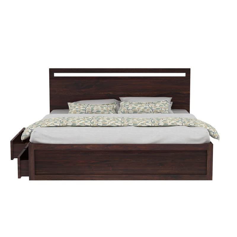 Image of Solid Wood Queen Size Bed for Bedroom | Wooden Furniture Crafted from Premium Sheesham Wood | Elegant Bedroom Double Bed with 4 Drawer Storage | Walnut Finish (80.5X62.5X15 Inches)
