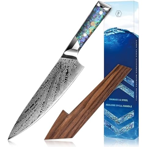 FANTECK Chef Knife 8 Inch,Damascus Japanese Professional High Carbon 67-layers VG10 Kitchen Cooking Knife,Super Sharp Stainless Steel Chef Knives with Full Tang Abalone Shell Handle-Walnut Wood Cover Cover