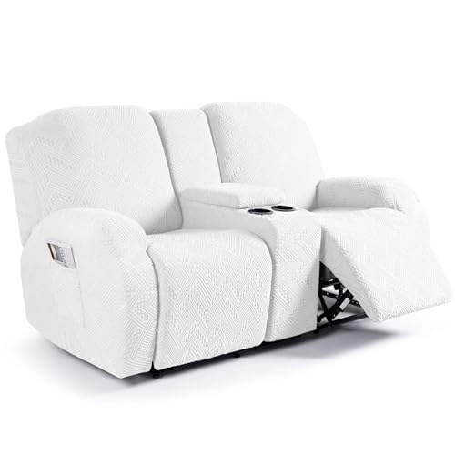 Ruaozz Loveseat Recliner Covers with Console, 4-Pieces Recliner Sofa Covers Stretch Jacquard Reclining Couch Covers with Pockets Furniture Protector with Elastic Straps Bottom (Ivory)