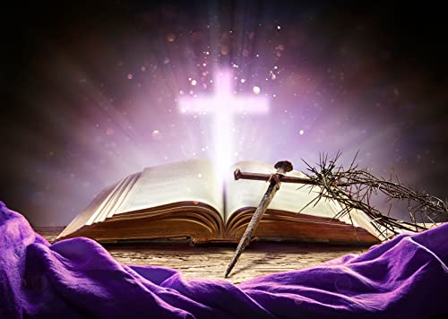 BELECO 9x6ft Fabric Holy Bible Cross Backdrop Purple Holy Light Glowing Crucifix Crown of Thorns God Belief Jesus Christ Biblical Backdrop Christian Church Sanctuary Decor Easter Photo Background Prop