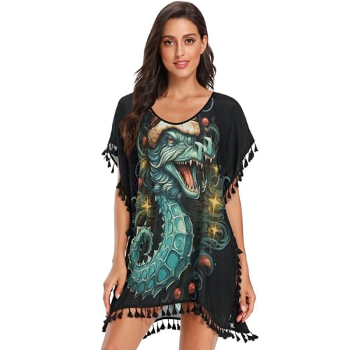 Christmas Style Animals Seahors Women's Beach Cover Up Chiffon Tassel Swimwear Swimsuit Coverups for Girl