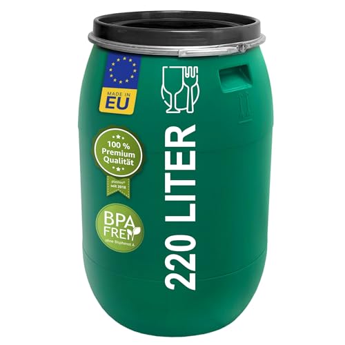 Das Plasteo® 220 Liter Weithalsfass mit Deckel und Spannring, HDPE, BPA-Frei, lebensmittelecht, vielseitig verwendbar als Lebensmittelfass, Futtertonne, Regentonne (Grün mit Spannring) Das Plasteo® 220 Liter Weithalsfass mit Deckel und Spannring, HDPE, BPA-Frei, lebensmittelecht, vielseitig verwendbar als Lebensmittelfass, Futtertonne, Regentonne (Grün mit Spannring)