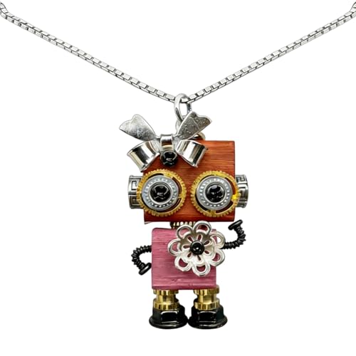 Reyroltay Handmade Steampunk Robot Pendant/Keychain, Unique Wood & Metal Gear Artwork, Versatile Necklace/Keyring for Steampunk Enthusiasts & Gift Lovers (1)