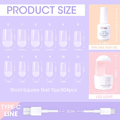Perfect Summer Nail Tips And Glue Gel Kit, Acrylic Nail Kit With 504Pcs Short-Square Fake Nails, Uv Nail Lamp, 3 In 1 Nail Glue, Nail Art Tools, Gel X Nail Tips Kit, Manicure Gift Set #TOP5