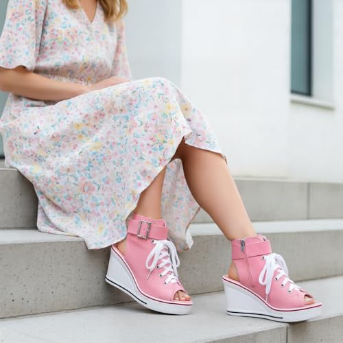 Image of OCHENTA Women's Peep Toe Wedge Sneakers Canvas Platform Shoes Side Zipper Lace up Buckle Fashion Sneakers Walking Shoes