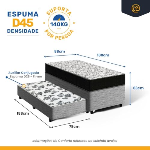 Cama Box Solteiro + Colchão de Espuma D45 Ortobom Airtech 150 + Auxiliar de Espuma Unique