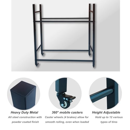 Image of Heavy Duty 12-Tire Garage Rack, Steel Tire Storage Shelf with Wheels, Adjustable in Height, Rolling Tire Rack Organizer with Waterproof Cover, Ideal for Truck /RV /SUV Tires (60 inch H x 57 inch W)