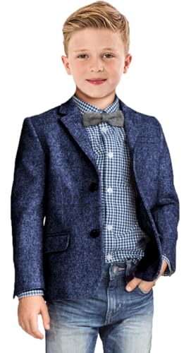 Boys Blazer Retro Herringbone Sport Coat Formal Tweed Patterned Classic Kids Jacket for Boy Wedding Casual Jacket, Dark Blue, 5