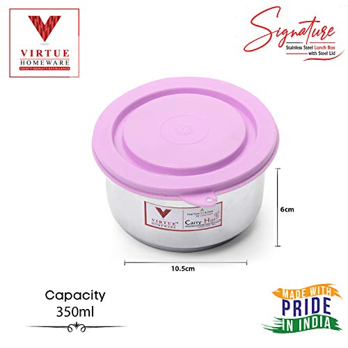Image of Stainless Steel 3 Container Lunch Box Set |2 Containers 350ml Each & 1 Container 280 ml with Spoon and Bag|Dishwasher Safe|Air Tight Tiffin with Pink lid |Office Travel Picnic School