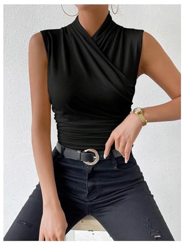 SweatyRocks Women's Ruched Wrap Mock Neck Tank Tops Casual Sleeveless Solid Slim Fit Tank Top4