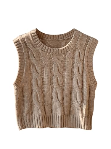 MakeMeChic Women's Cable Knit Crew Neck Sweater Vest Sleeveless Going Out Pullover Top