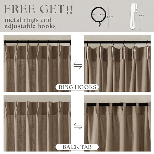 Image of TWODRAPES 98 Inch Tan Brown Linen Curtains for Living Room Pinch Pleated Drape with Hooks Rings for Track System Light Filtering 98 Inch Curtain for Bedroom Sliding Patio Door 2 Panels Latte