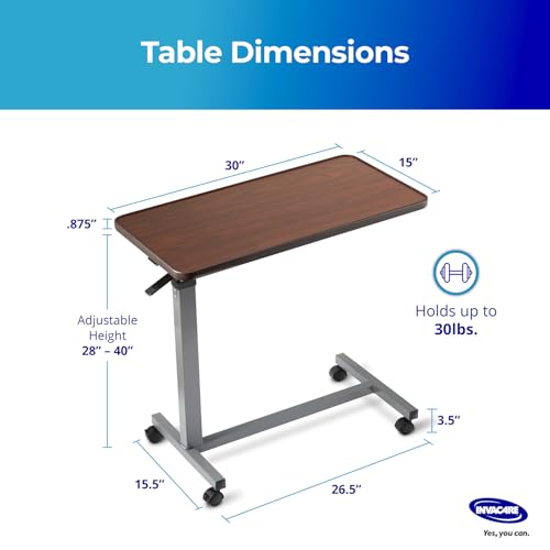 Invacare Bed Table, Height Adjustable & Tilting Overbed Table, Hospital Bedside Table, Medical Rolling Desk with Wheels, Waterproof Medical and Home Use L-Shaped Steel Base Over Bed Tray Table
