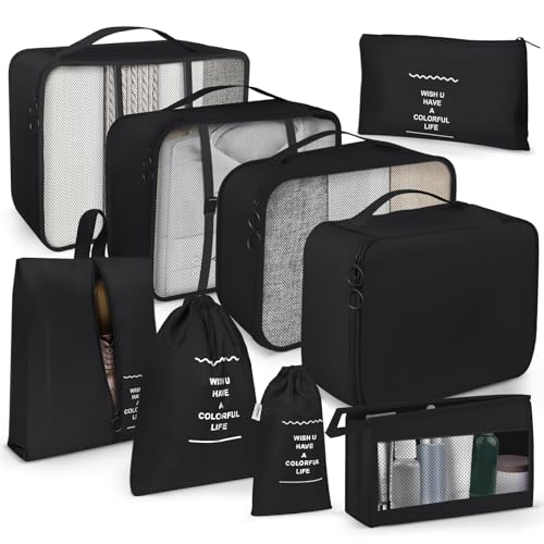 OBSGUMU Packing Cubes for Suitcases,9 Pcs Luggage Packing Organizers Bags,Compression Organiser Bags for Backpack,Travel Essentials Clothes Shoes Storage Bag(Black)