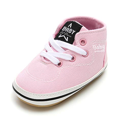 Baby Girls Boys Canvas Shoes Soft Sole Toddler First Walker Infant High-Top Ankle Sneakers Newborn Crib Shoes (M: 4.73 inch(6-12 Months), D - Pink)