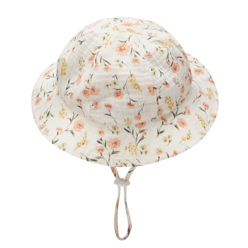 Caziffer Chapeau Soleil Bébé Fille Garçon Eté Anti-UV en Coton Chapeau de Pêcheur Ajustable Naissance Respirant Casual Plage Vacances 0 à 1 an (Fleurs Roses, 0_month-12_Months) – vue 3