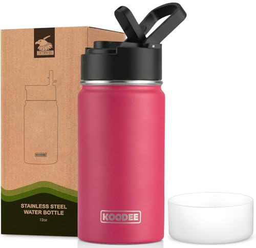 koodee Water Bottle Stainless Steel for Kids, 350ML Double Wall Vacuum Insulated Wide Mouth Drink Bottle with Wide Handle Straw Lid (12oz Canyon Red)
