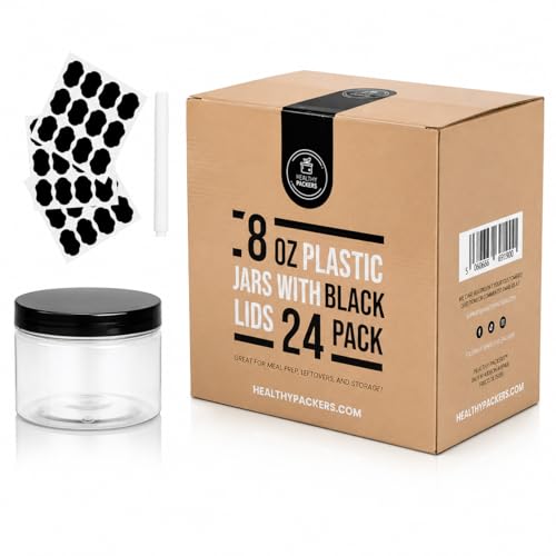 Healthy Packers 8oz Plastic Jars With Lids Labels and White Marker - 24-Pack Small Plastic Containers with Black Lids. Great for Slime Lotion Crafts Travel General Storage
