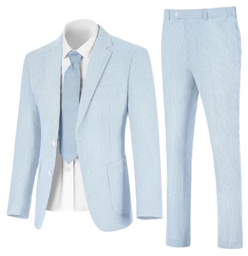 Seersucker Slim Suits for Men Formal Casul Summer Beach Wedding Grooms 2 Piece Blazer Pants Party Striped Suit Sets2