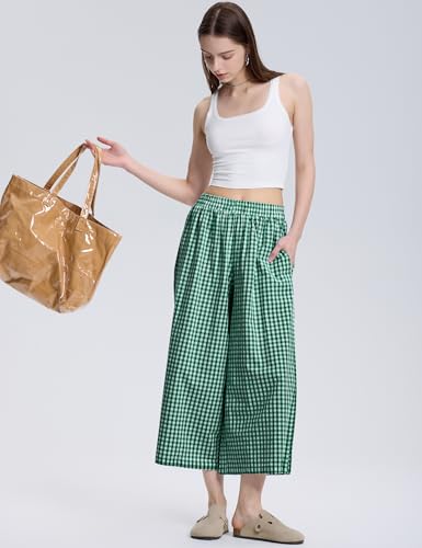 Image of LOMON Womens Wide Leg Capri Pants Gingham Plaid Culottes Summer Elastic Waist Palazzo Trousers Bottoms with Pockets