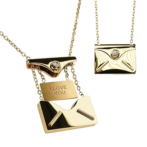Zinello Design Collier femme plaqué or 18K, pendentif enveloppe à message secret « I LOVE YOU » – Zircon naturel – Chaîne réglable 45+5 cm – Coffret cadeau – TILOVE