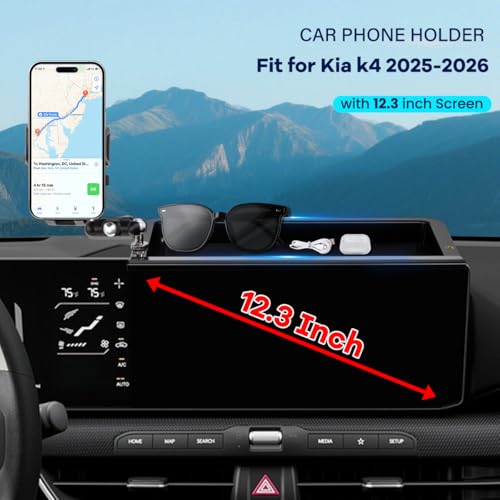 Image of Car Phone Holder Compatible with Kia K4 2025 2026 Accessories 12.3-Inch Screen Fixed Clip, Cell Phone Mount with Dash Organizer Storage Box Hands-Free 360 Rotation