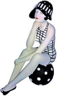 MY SWANKY HOME Retro Bathing Beauty Figurine Statue | 1920s Swim Suit Beach Ball Black White Check