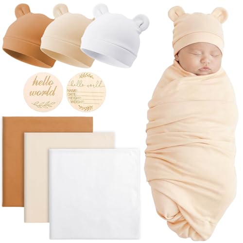 Image of BQUBO 3 Sets Cotton Baby Swaddle Blankets Swaddling Wrap with Hats Mittens Newborn Soft Silky Nursery Receiving Blanket Cute Bear Ears Hat Elastic Gloves Set for Unisex Baby 0-3 Months