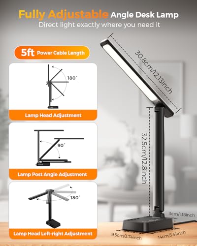 Image of Airlonv LED Desk Lamp for Office Home, Power Strip with 3 Outlets 4 USB Charging Ports(2 USBC), 4 Modes 5 Level Brightness Desk Light, Small Desk Lamp for College Dorm Room Essentials