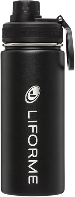 Liforme Portable Water Bottle, Leakproof Screw Top, Lightweight, Eco-friendly, Hot/Cold Vacuum Insulation, Sweat-Free Double-Walled Design, BPA-Free, Grippy Textured Surface, 520ML - Black