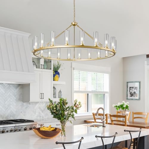 Image of 20 Light Large Wagon Wheel Chandelier with Clear Glass Shade Gold Round Pendant Light Farmhouse Industrial Chandeliers Dining Room Light Fixture for Stair Living Room Foyer Kitchen
