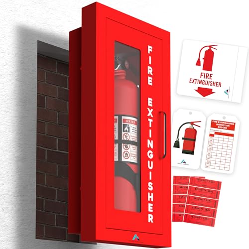 Image of Ready-to-Deploy Semi-Recessed Fire Extinguisher Cabinet Red | Heavy-Duty Steel Wall Mount Box | for 5-10 lb Extinguishers | Includes Signage, Seals & Tags | No Extra Purchases Required